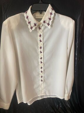Cream Embroidered Scallop Collar Button-Down Blouse